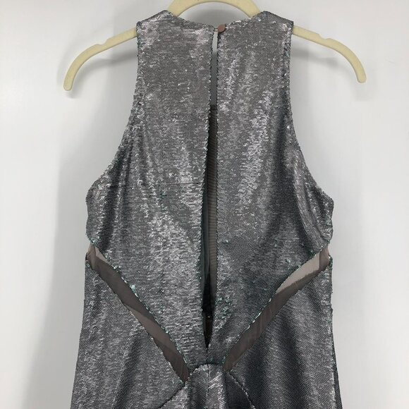 Three Floor Shine On Sequin Dress in Silver Mint Zippers + Mesh Cutouts size 6 - Picture 10 of 16